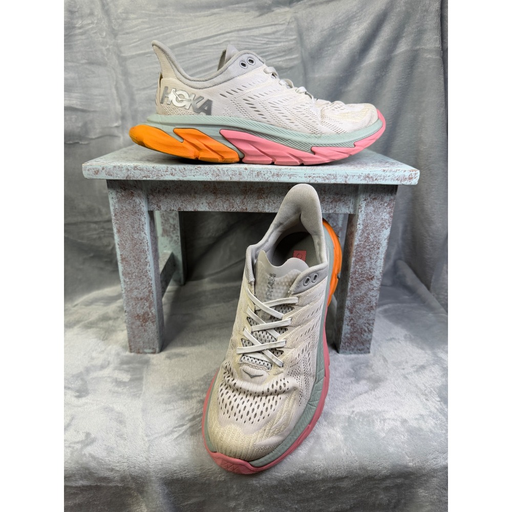 Hoka Clifton 8 Running Shoes Womens 8.5 White Pink Orange 1119394-SSPR